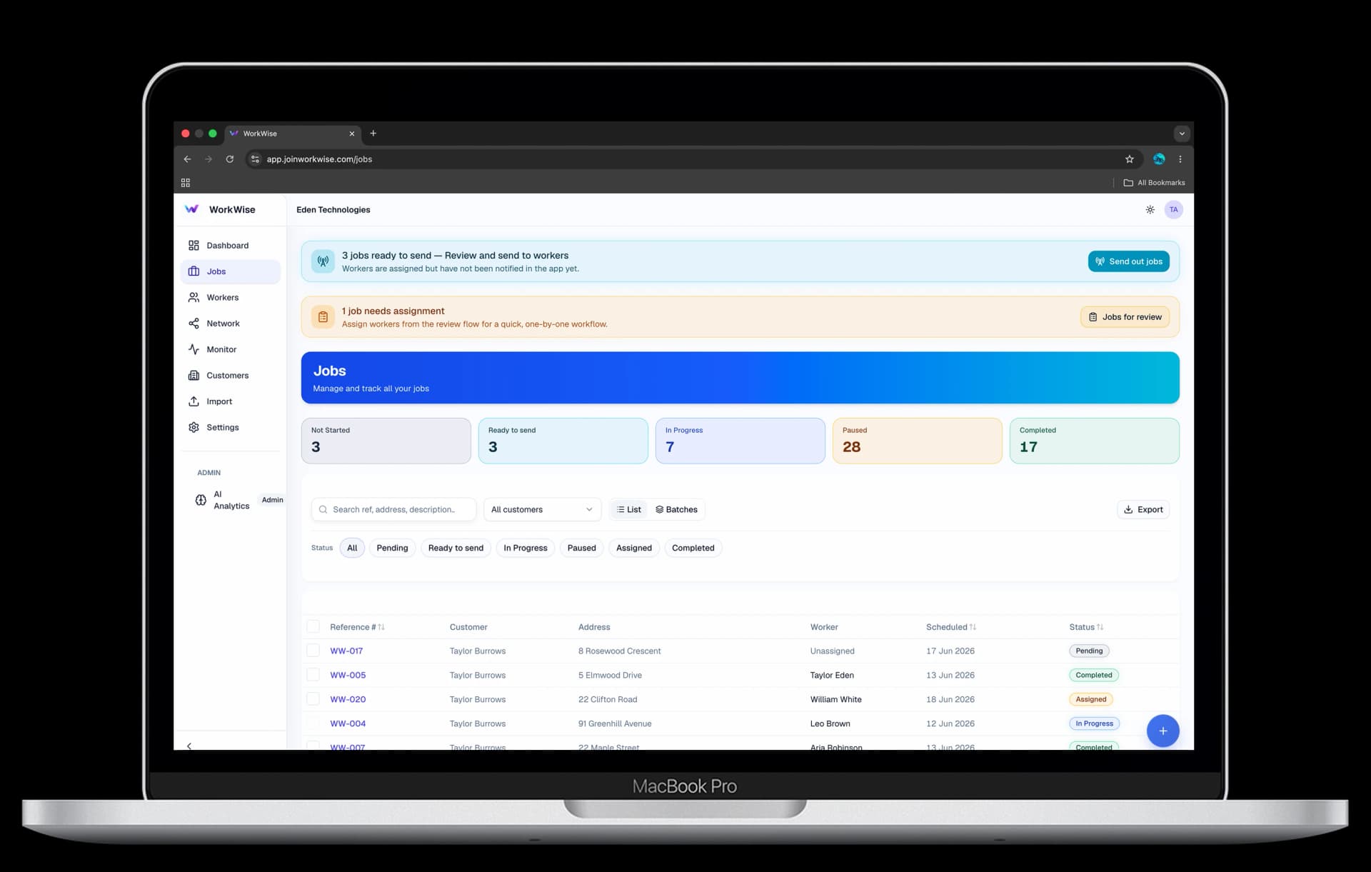 Job management dashboard