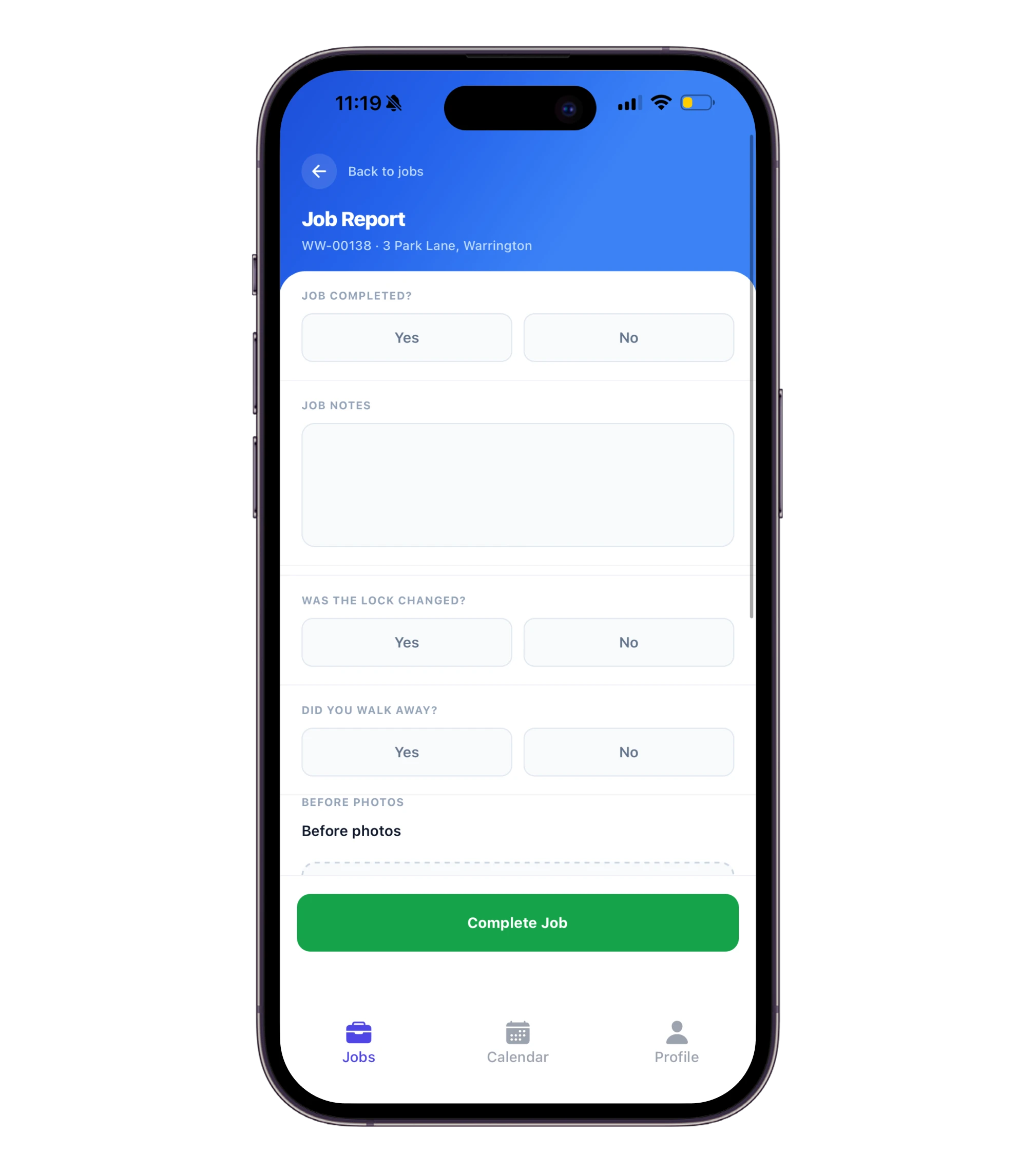 Worker app job report with notes, questions and before photos