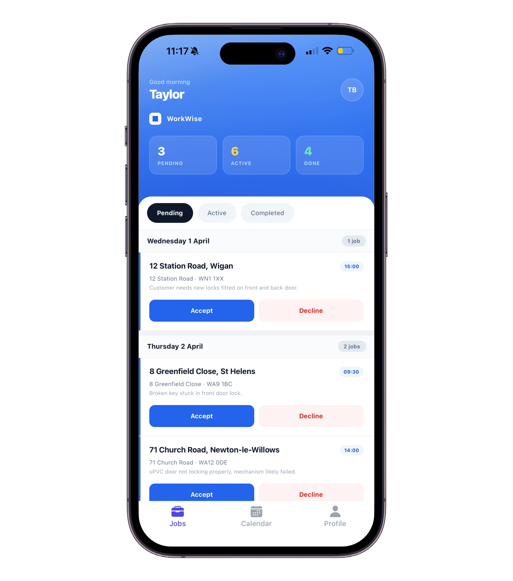 The WorkWise worker app on a phone, showing today's pending jobs to accept