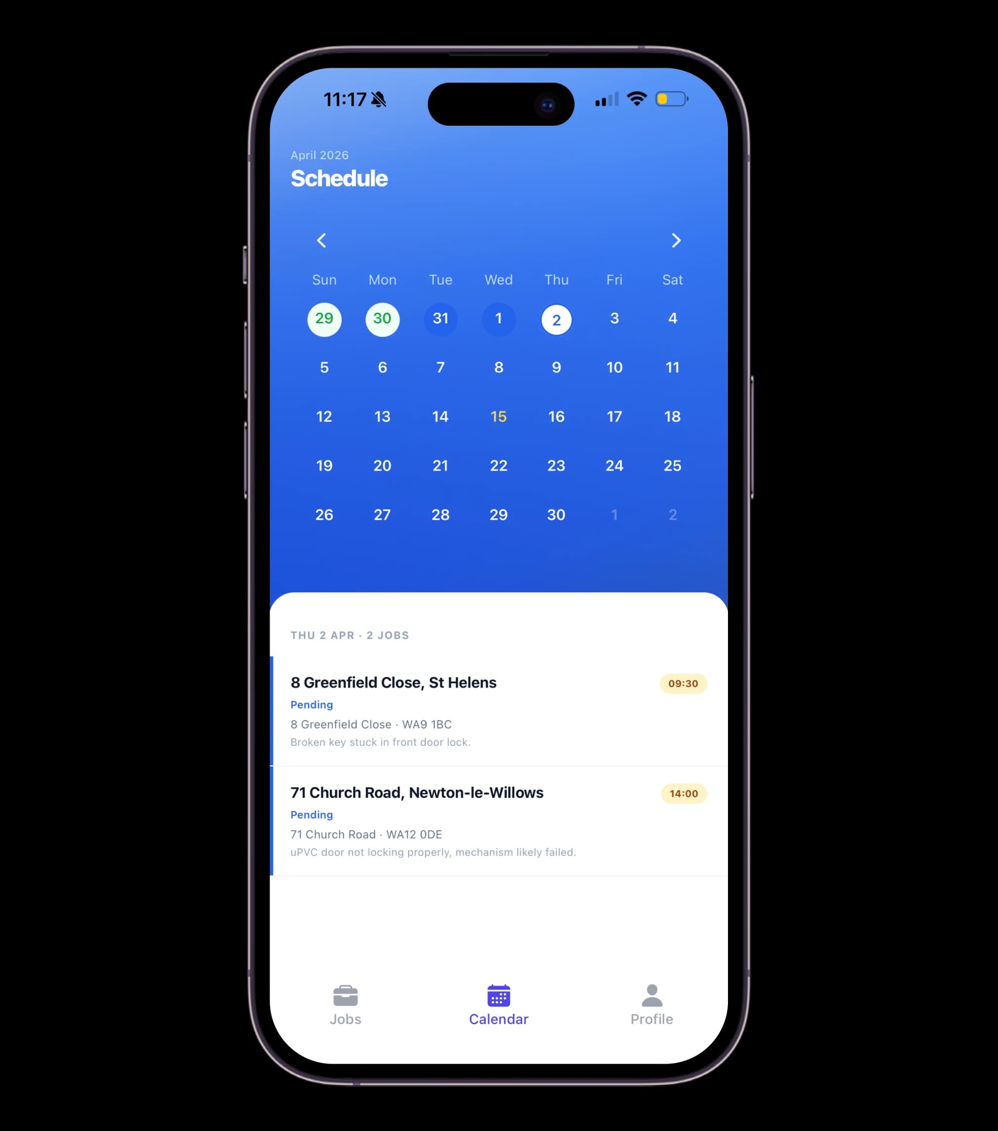 Worker app schedule with a month calendar and the day's jobs